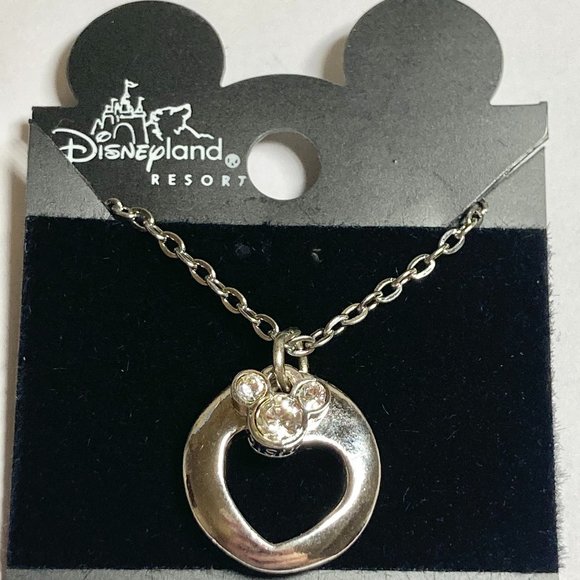 Vintage Disney Mickey Mouse Necklace Ears Heart Crystal Charm 18" Signed - Picture 1 of 9